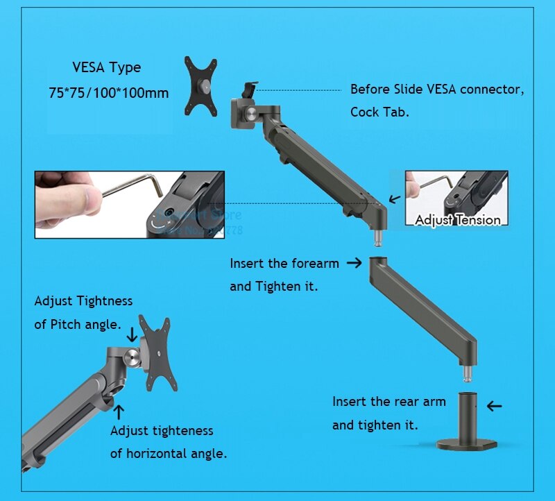 Monitor Holder Desk Stand Height Adjustable Aluminum Single Arm Gas Spring TV Mount Fits Up to 32" LCD Monitor Screen OZ-1