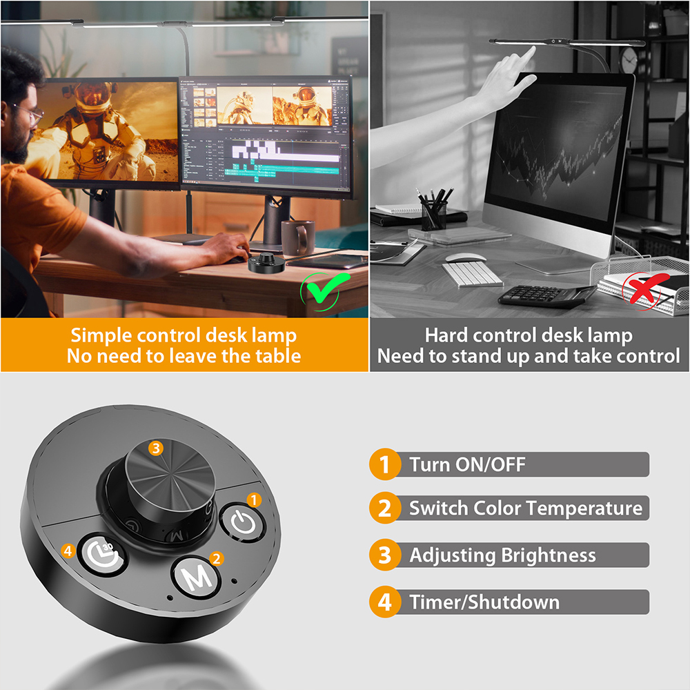 Led-bureaulamp met klem, architectenbureaulamp voor thuis of kantoor, 24w ultraheldere, automatisch dimbare pc-lampen, traploos dimbare tafellamp