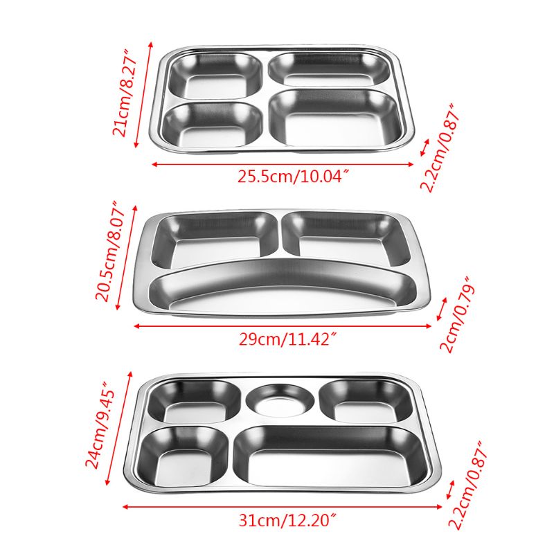 Stainless Steel Divided Dinner Tray Lunch Container Food Plate for School Canteen 3/4/5 Section