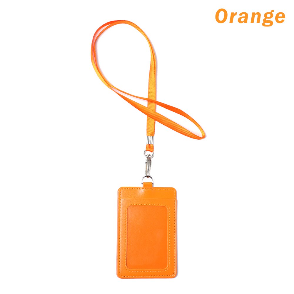 PU Leather Card Holder With Rope Lanyard double card sleeve ID Badge Case Clear Bank Credit Card Badge Holder Office Supplies: A-orange