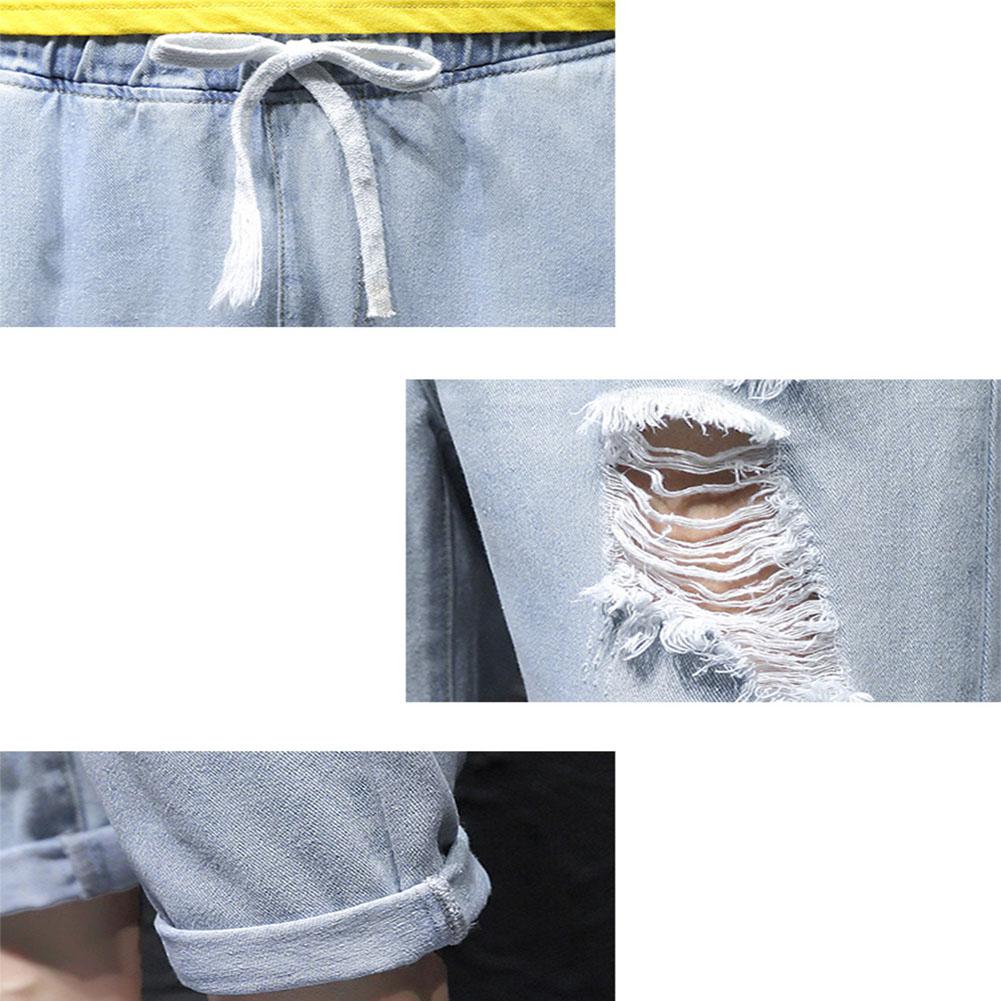 Missky jeans til mænds harembukser ensfarvet tynd sektion plus størrelse løs ankel-længde flået bukser til mandlig sommer forår