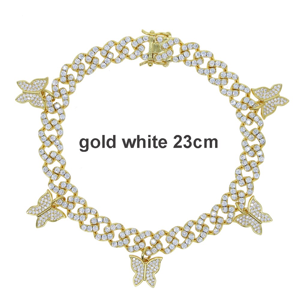 arrived Summer Beach Anklet Foot Leg Jewelry Iced out bling cz cuban chain drip cz butterfly charm anklet jewelry 9" 10": gold white 23cm