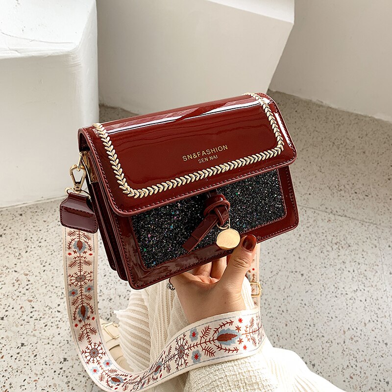 Damväska bred axelrem axelväska messenger bag casual dam crossbody-väska glänsande flik dam handväskor handväska: Röd
