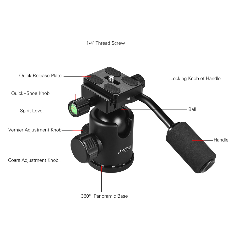 Andoer Handvat Tripod Ball Head 360 Graden Roterende Panoramisch Balhoofd 3/8 inch Schroef Gat voor DSLR Camera Max. 15 kg Belasting