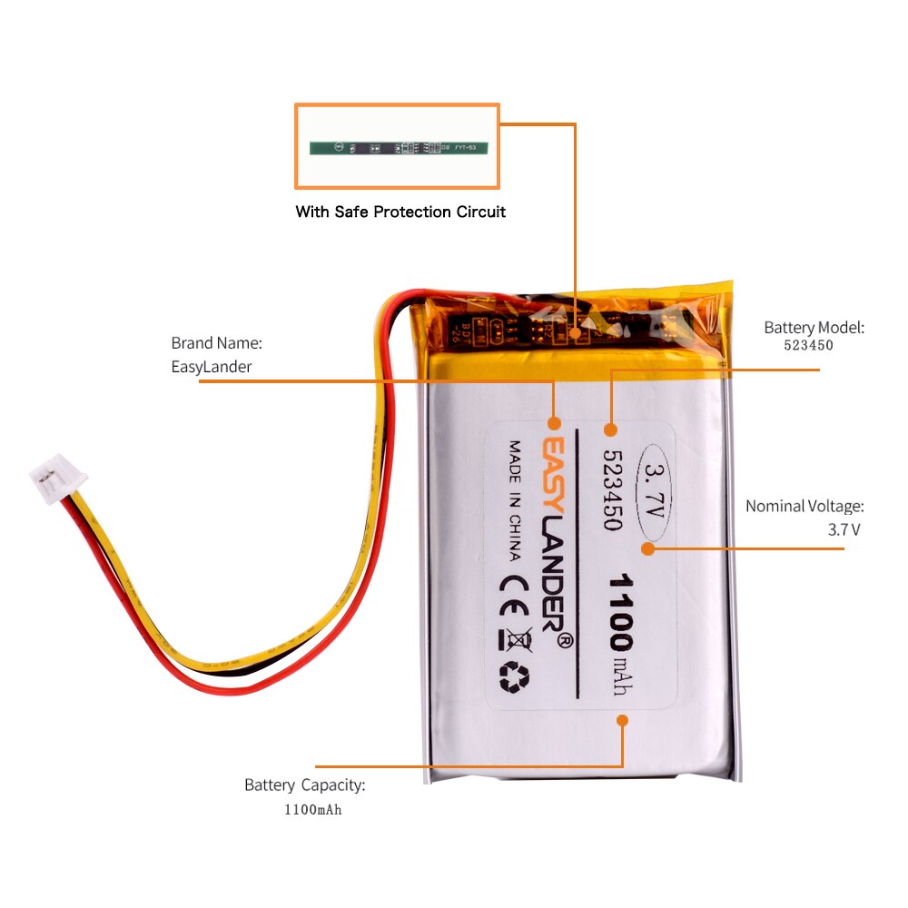 3 thread 523450 3.7V,1100mAH,PLIB; polymer lithium ion / Li-ion battery for GPS,mp3,mp4,mp5,dvd,bluetooth,model toy