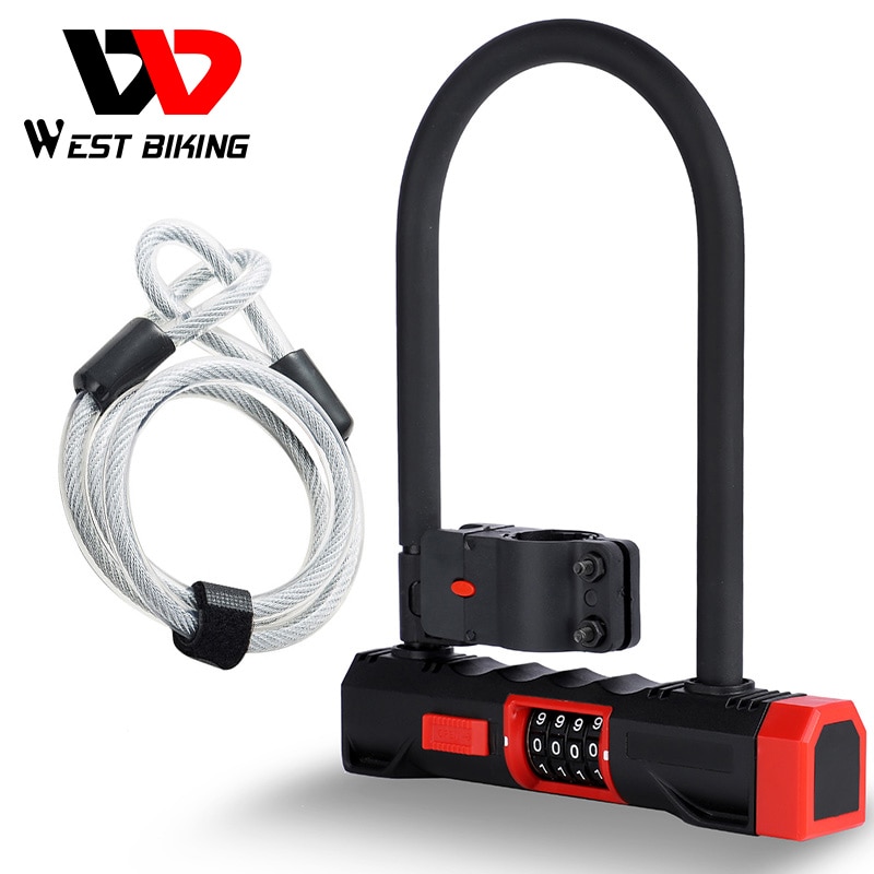 WEST BIKING Bike U Lock With Password Anti-theft MTB Road Mountain Motorcycle Steel Cable candado bicicleta Cycling Bicycle Lock