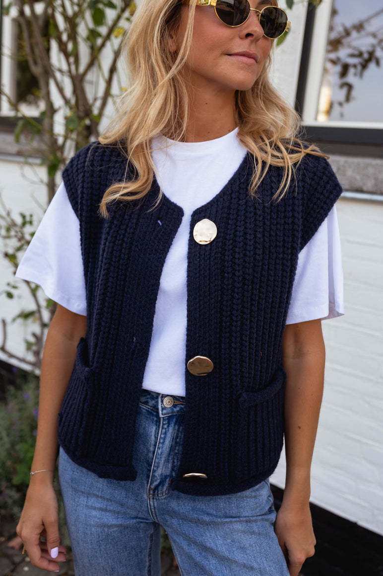 Efterårs cropped sweater dameveste rød ensfarvet løs afslappet sweatervest kabelstrikket sweatervest til kvinder toppe med lommer: S / Marine blå
