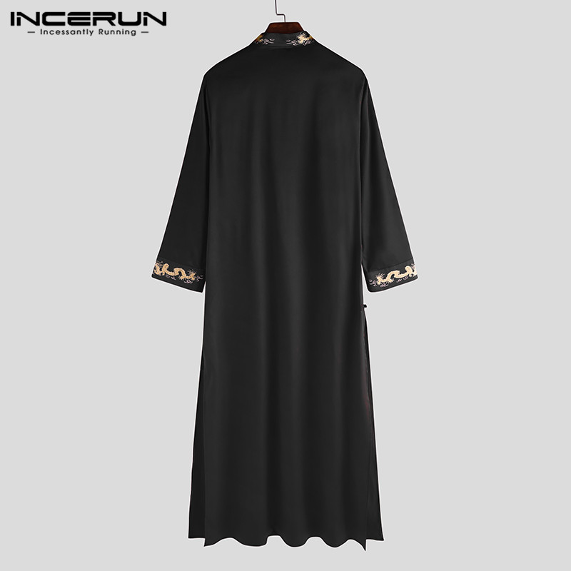 INCERUN Chinese Style Men Robes Printed Stand Collar Traditional Long Sleeve Men Long Gowns Button Vintage Cheongsam Plus Size