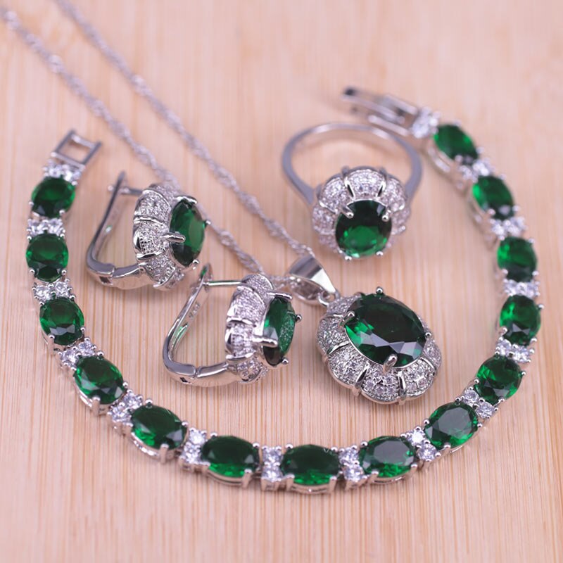 Risenj venäläinen tyyli vihreä kivi valkoinen kristalli hopean värinen korusetti naisille kaulakoru chian korvakoru sormus rannekoru: Neljä kappaletta / 7