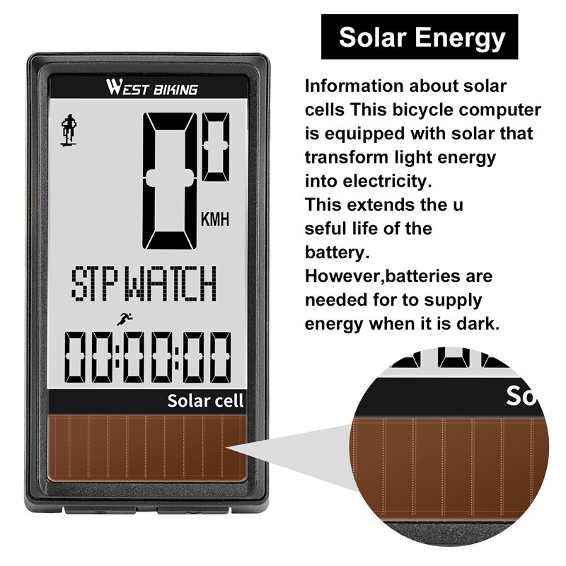 WEST BIKING Bicycle Computer Waterproof Wireless Bicycle Speedometer Stopwatch 5 Languages Solar Bike Computer Speedometer