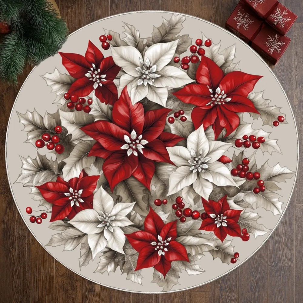 Kerst poinsettia bloemen vloerkleed antislip wasbaar rond tapijt voor slaapkamer woonkamer rond vloerkleed decoratie vloermat: 1200mm x 1700mm / Lichtgrijs