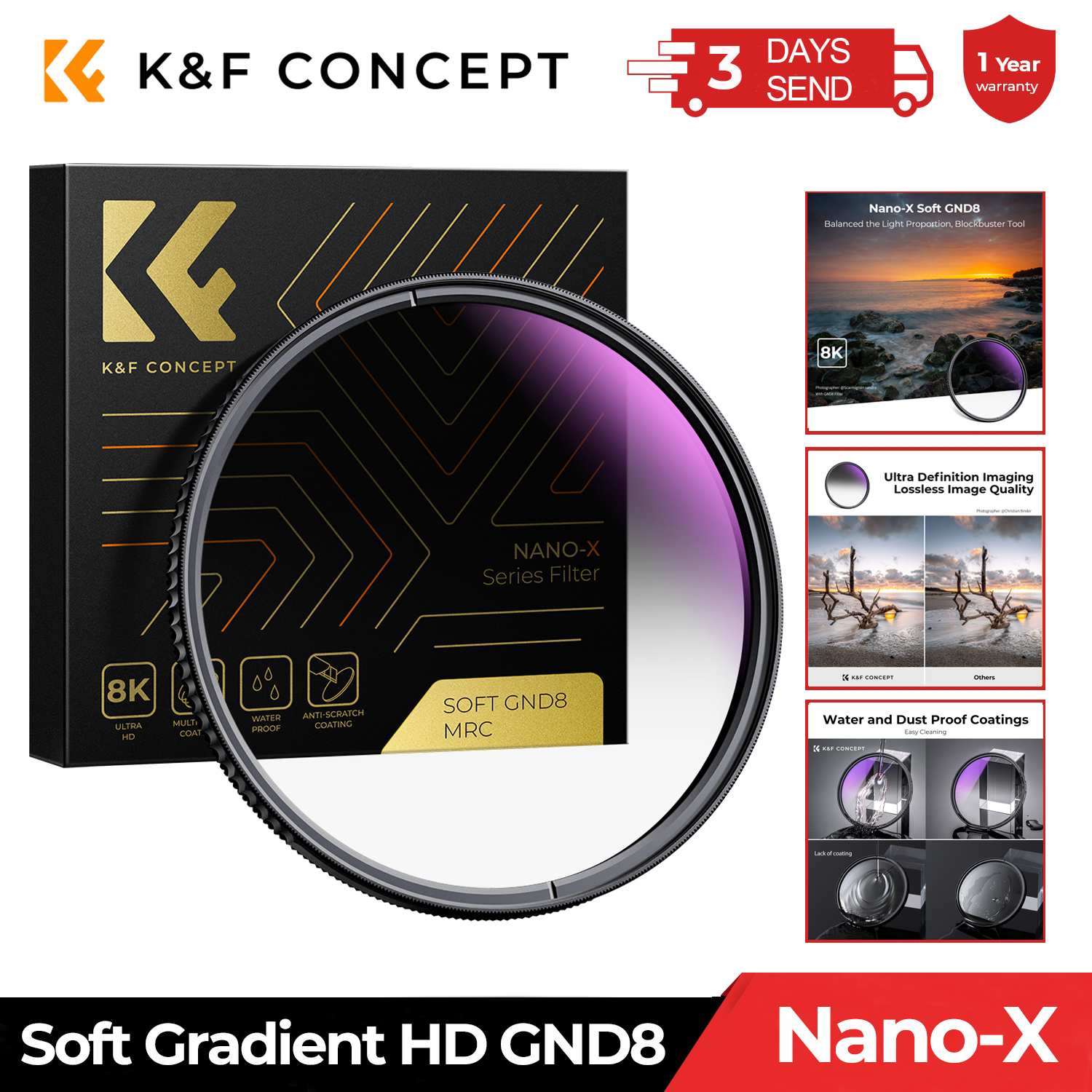 K &amp; F Concept Nano-X Hd GND8 ND8 Lens Filter Optisch Glas Zachte Gradiënt Met Coating 49Mm 52Mm 55Mm 58Mm 62Mm 67Mm 72Mm 77Mm 82Mm