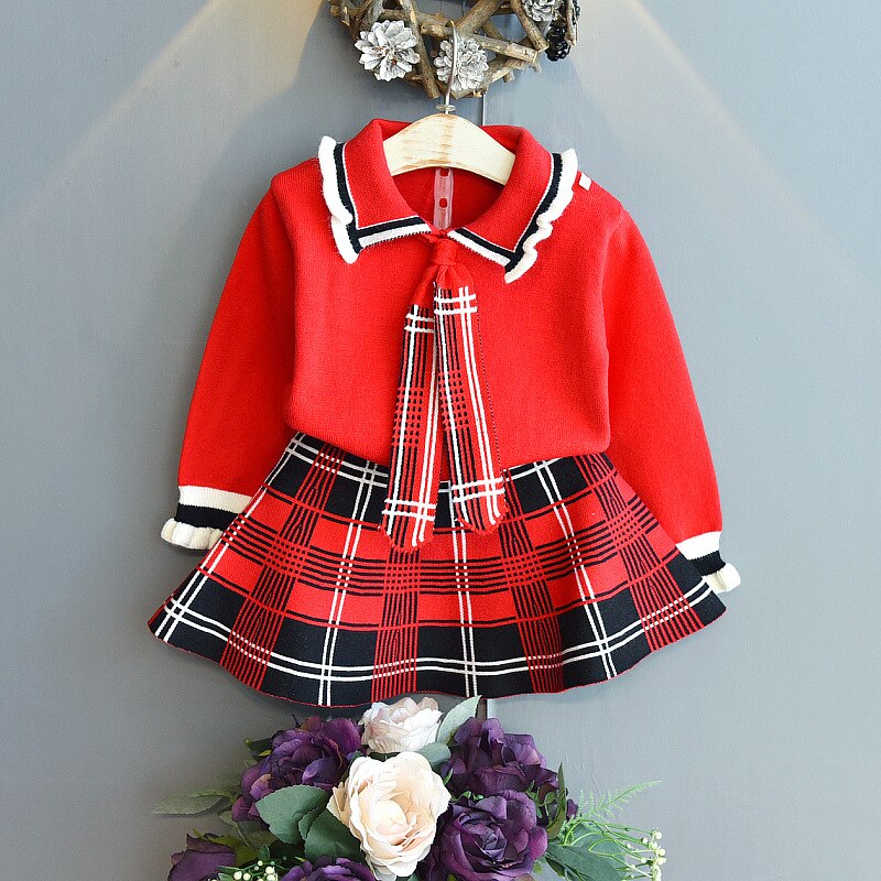 Maglione bambino autunno inverno bambini natale maglione lavorato a maglia gonne abito 2 pezzi abbigliamento bambino imposta vestiti invernali ragazze: red / 4-5T