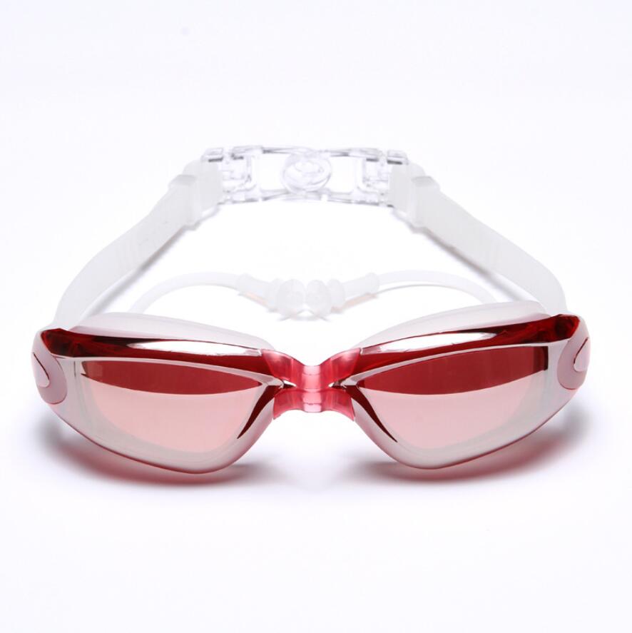 Zwembril voor heren en dames met oordopjes, waterdicht, anti-condens, uv-bescherming, zwembad, watersportbrillen, onderwaterbrillen: Rood