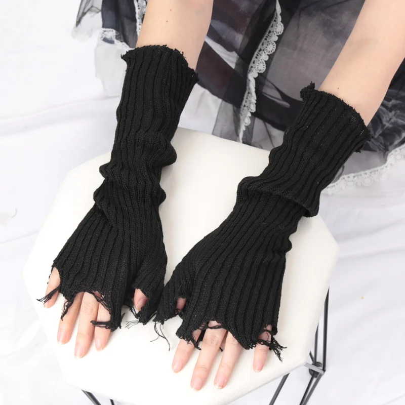 1 par de guantes Punk rotos Unisex, mangas rasgadas tejidas, manga cálida para el brazo, puño sin dedos, guantes, mitones de codo Rock: Negro