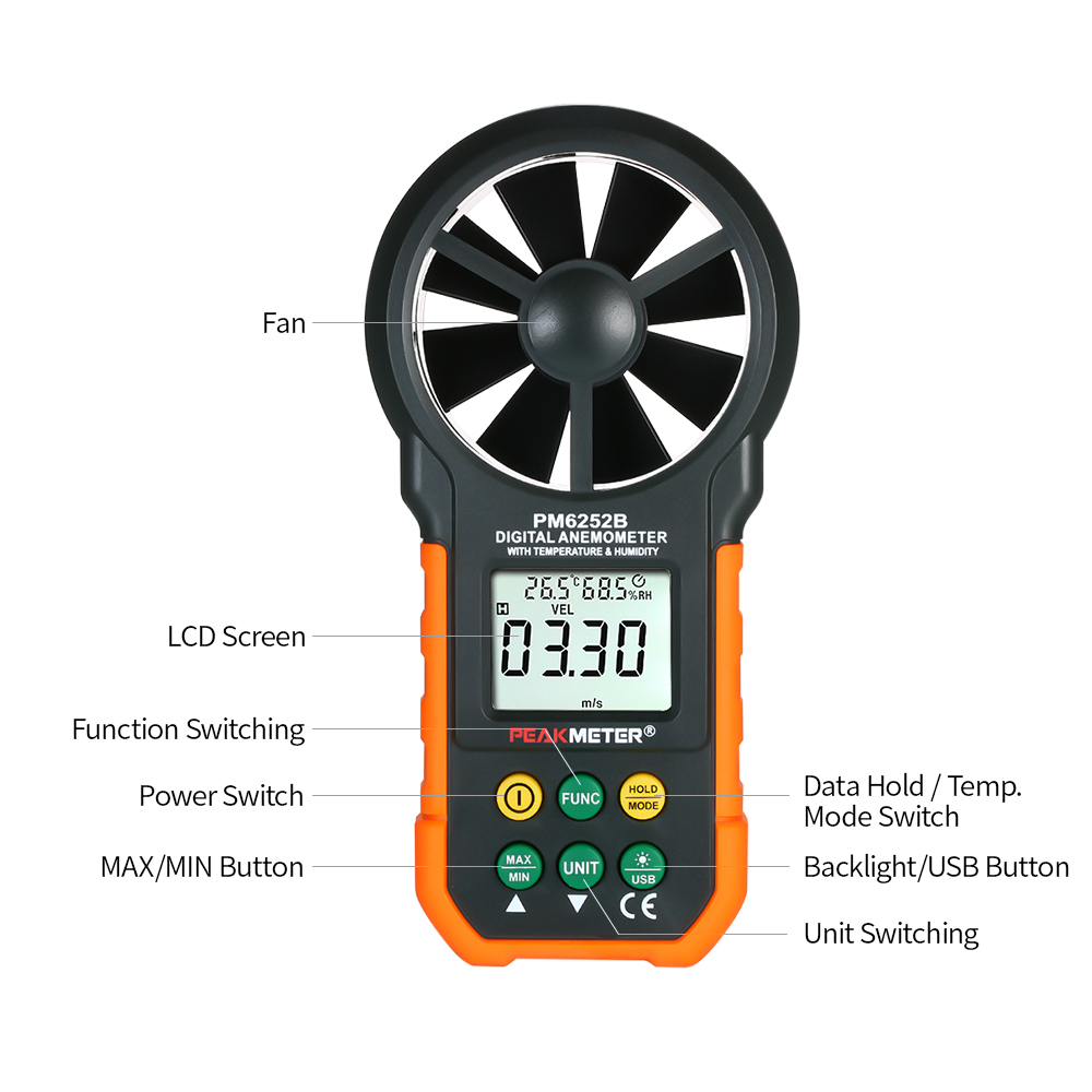 Digital Anemometer Handheld Wind Speed Meter for Measuring Wind Speed Temperature Humidity Anemometer Sensor with Backlight LCD