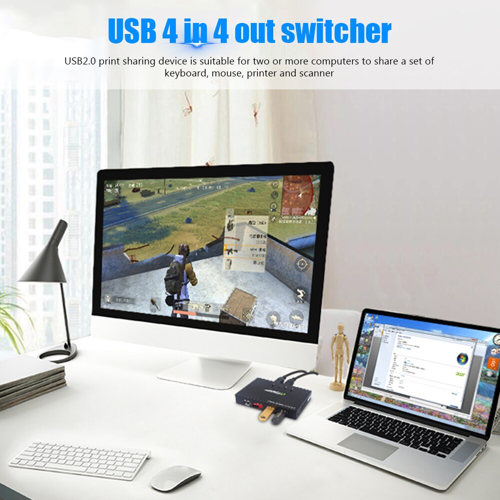4 Ports KVM USB Switch 4 in 4 out Switcher for Keyboard Mouse Printer Monitor 4 PCs Sharing 4 Devices USB 2.0 Extender Splitter