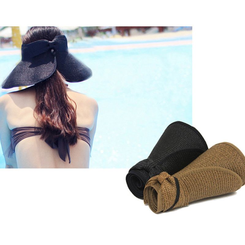 Dames zomer opvouwbare open stro zonnehoed strik achterkant verstelbaar ademend uv-bescherming brede rand strand zonneklep pet 8 kleuren