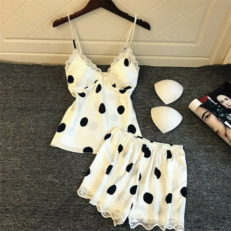 Vrouwen Sexy Nachtkleding Satijn Kant Polka Dot Print Diepe V-hals Mouwloze Topjes + Shorts Nachtjapon 2 Stuks Zomer Pyjama sets S/M/L/Xl: WHITE / M