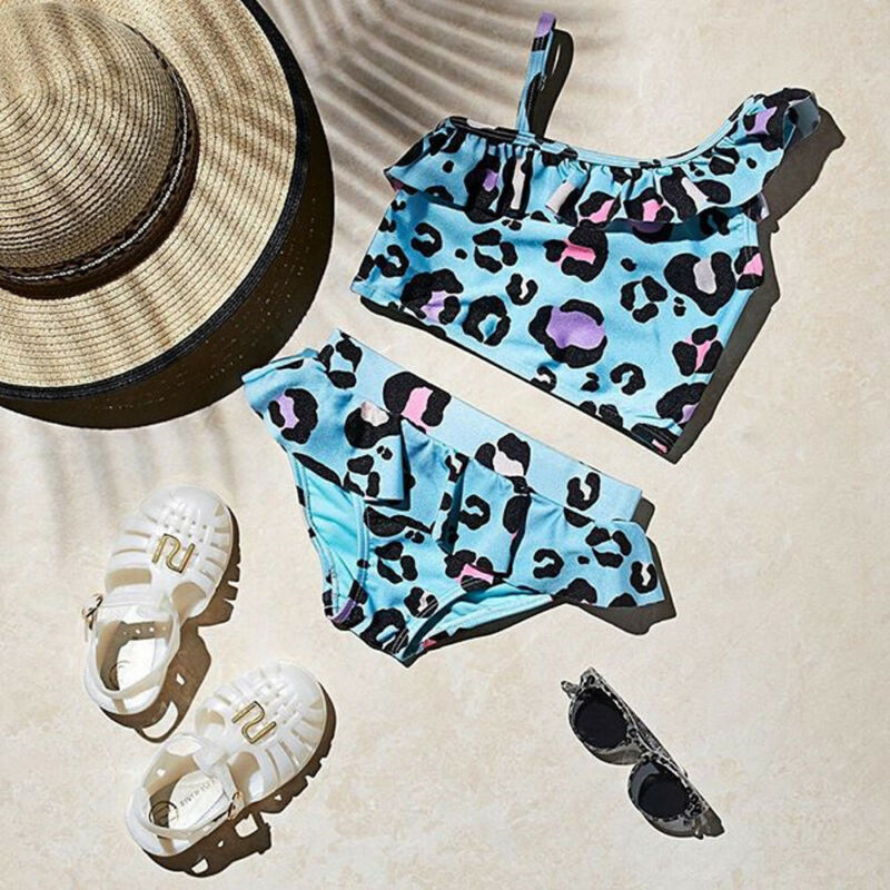 Småbørn barn baby piger sød en skulder blå leopard flæse badetøj badedragt bikini strand badedragt svømme kostume
