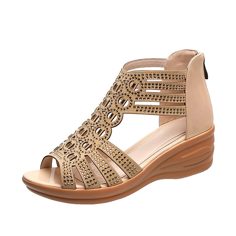 femme sandales femmes Cyrstal pompes confortables dames coins femme Rome Bling évider chaussures femmes Zip chaussures: Gold / 5