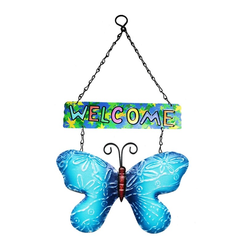 Metal Butterfly Welcome Sign Front Door Wall Decor Hanging Outdoor Wreath Art Iron Butterflies Garden Indoor Hallway N1HF: Butterfly 20x16cm BL
