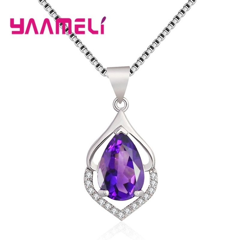 Eleganza collana con ciondolo goccia d&#39;acqua in cristallo viola ametista per donna regalo di natale di compleanno collare in argento 100% 925