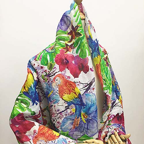 Plante og fugl farverig papegøje og blomsterprint silke linned stof, sln 124