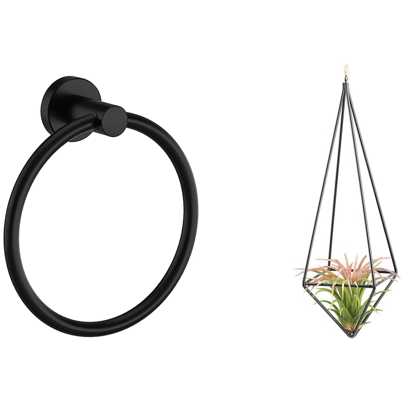 Modern Rustic Art Style Freestanding Hanging Iron Tillandsia Air Plant Rack &amp; Black Towel Ring Hand Towel Rack: Default Title