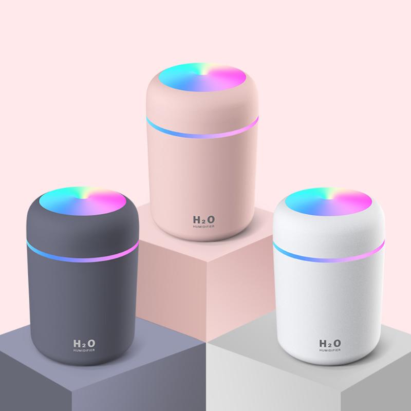 Humidificador portátil de 300ml, purificador de aire, limpiador de aire, máquina de niebla con luz romántica, con USB, difusor ultrasónico de vapor
