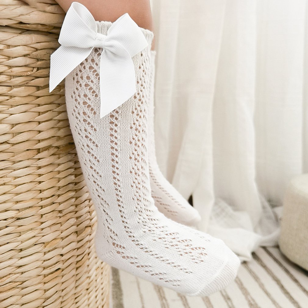 Peúgas infantis com arco crianças verão meninas joelho longo meias altas algodão macio oco para fora crianças malha princesa meias para 0-2 anos