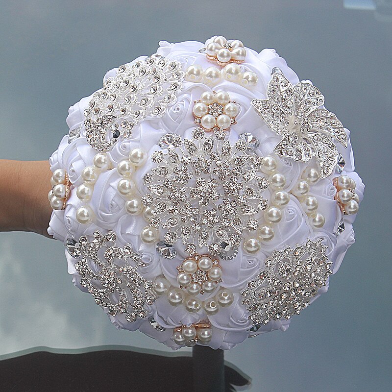 16styles white wedding bride holding flowers artificial bouquet ribbon rhinestone pearl bouquet decoration bride groom dance: Style 9