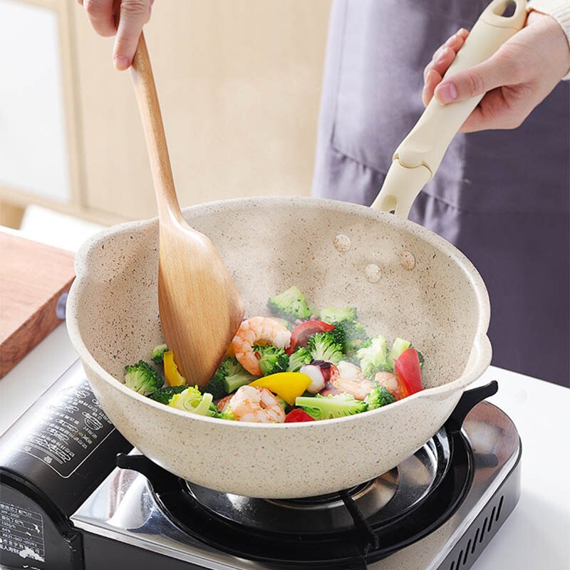 Dikke Bodem Maifan Stone Wok Non-stick Pannen Koekenpan Met Deksel Huishoudelijke Wok Koken Inductie Fornuis Gebruiksvoorwerpen Voor keuken