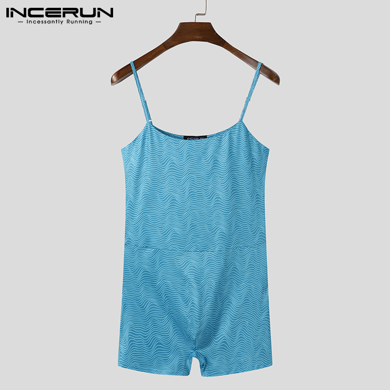 INCERUN Men Pajamas Rompers Printed Skinny Sleeveless Straps Playsuits Homewear Men 2022 Sexy Casual Jumpsuits Sleepwear S-5XL