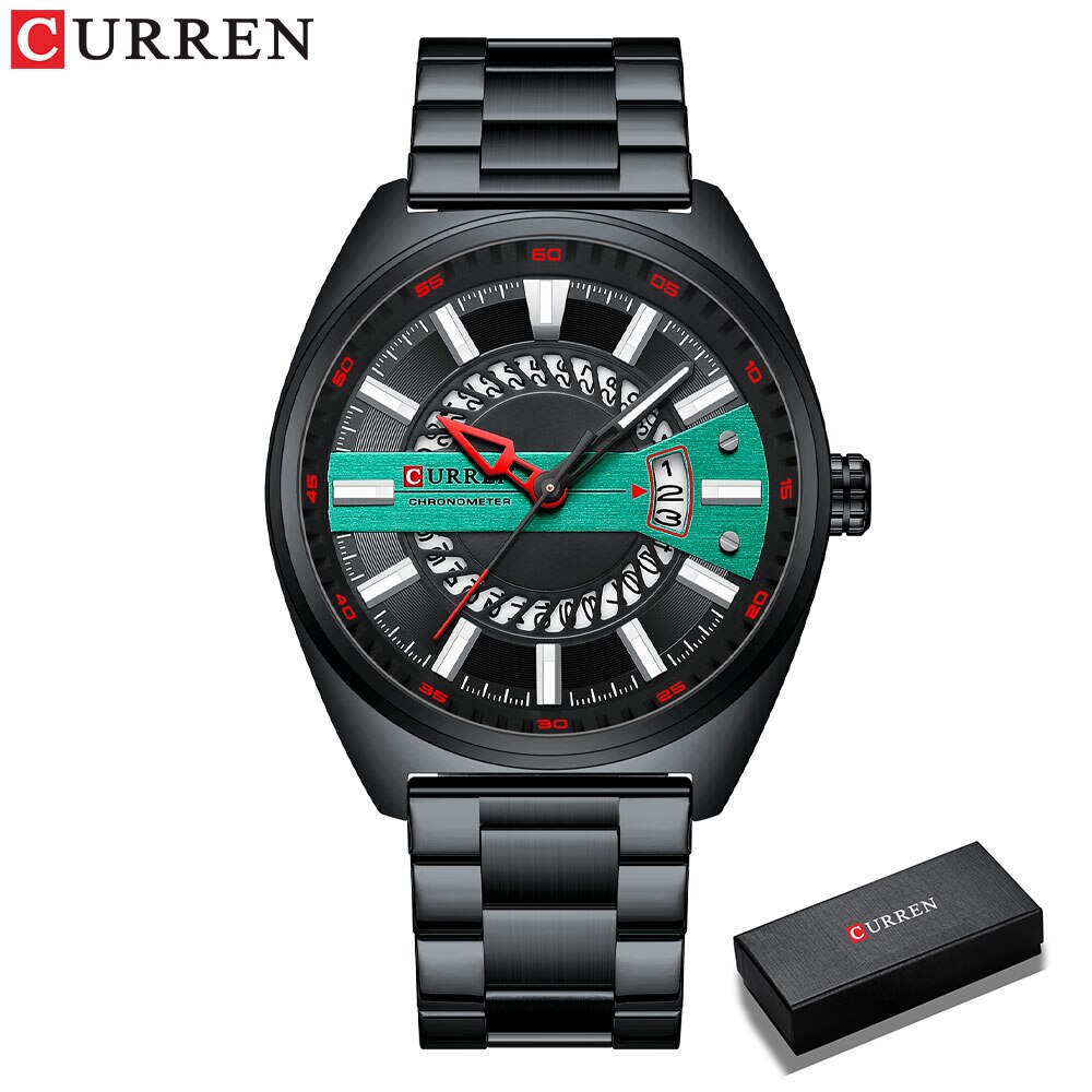 Curren Casual Sport Chronograph Horloges Roestvrij Stalen Band Horloge Grote Wijzerplaat Quartz Klok Met Lichtgevende Pointers: black green-box