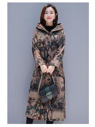 Vinter store størrelse tøj til kvinder langærmet hætte uld frakke trend vintage print frakke tykkere lange damefrakker 2290: Khaki / Xxl
