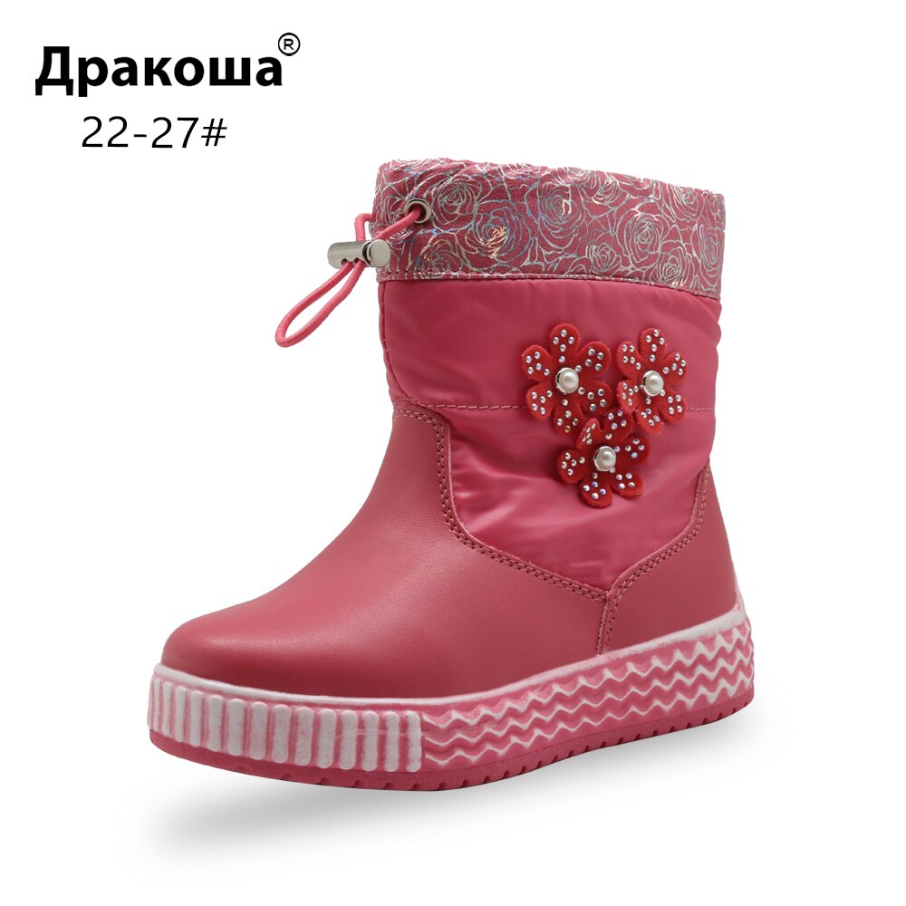 Apakowa Baby Girl Princess Snow Boots Toddler Girls Winter Mid-Calf Woolen Pearl Flower Waterproof Boots for Kids Antislip Shoes