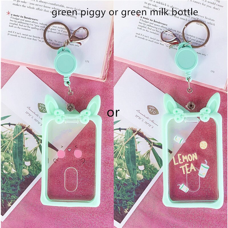 Leuke Ear Intrekbare Kaarthouder Piggy Melk Fles Student Bus Kaarthouder Pass Cover Sleutelhanger Badge Card Case Opbergtas: light green