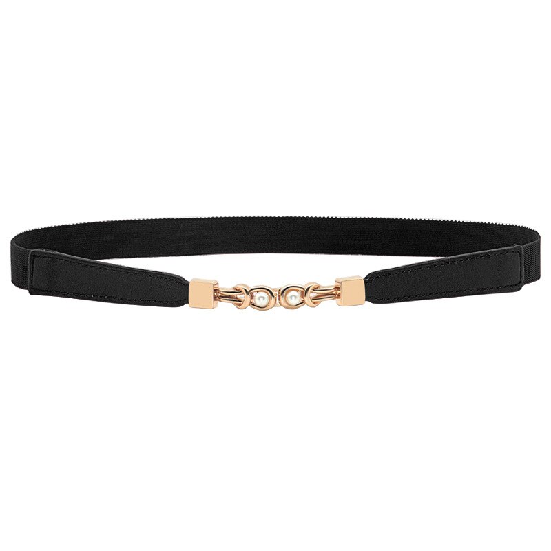 Cinturones finos de para mujer, cinturón elástico para vestido de señora, hebilla de perla, marrón, negro, correa para cintura femenina: black
