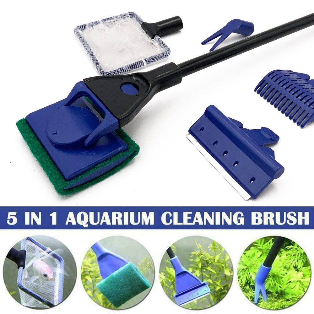 5-IN-1 Aquarium Cleaning Tools Fish Tank Cleaning Set Fish Net Gravel Rake Algae Scraper Fork Sponge Brush Glass Cleaner