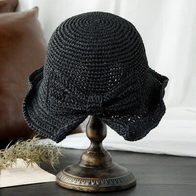Förälder-barn raffia rosett solhatt bred brätte diskettiga sommarhattar för kvinnor strand panama halmkupol hinkhatt femme shade hatt: Svart / Vuxen 56 -58cm