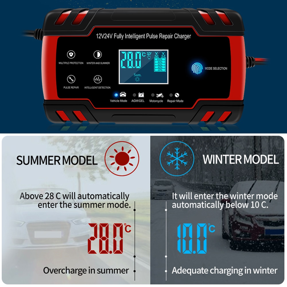 Chargeur de batterie de voiture 12V 8A 24V 4A | Chargeur de batterie intelligent, automatique, 3 étages, affichage LCD, chargeur de batterie à acide plomb humide, AGM GEL