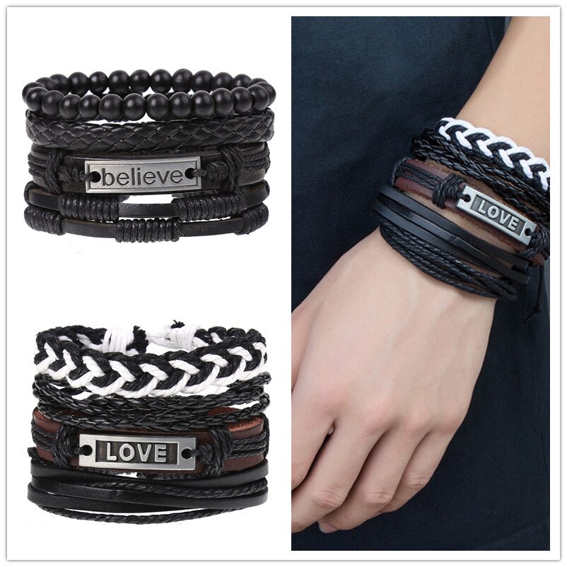Pulseira de couro trançado 4 pçs/set, pulseiras para homens e mulheres, vintage, contas de madeira, cruz, étnica, esperança