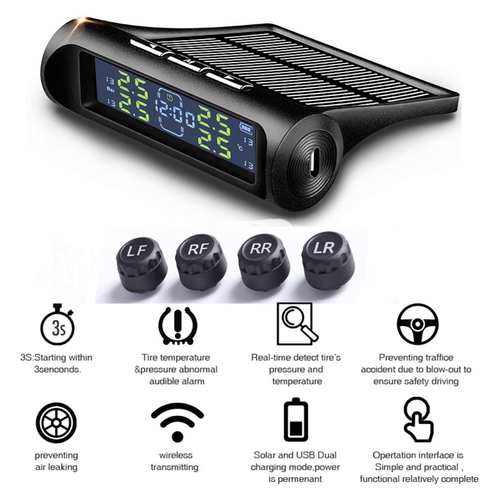 Auto Tyre Pressure Warning System Car Solar TPMS Clock Temp Monitoring AN-01D for Outdoor Personal Car Parts Decoration