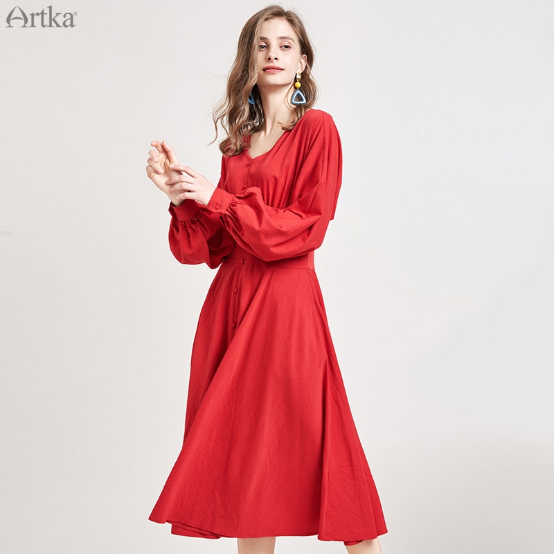 ARTKA Herfst Winter Vrouwen Jurk Vintage Rode Elegante V-hals Jurken Lantaarn Mouwen Lange Jurk Voor Vrouwen LA15299Q