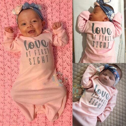 Baby Baby Meisjes Jassen Liefde Op Het Eerste Gezicht Print Nachtkleding Nightgowns Mitten Manchetten Sleeper Jurken Met Hoofdband