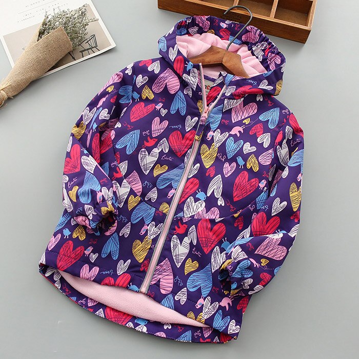 Autumn Winter Fleece Jacket Girls Kids Outerwear Cute Windbreaker Coats Print heart Pattern Baby Children Clothing: SG52-1 Dark purple / 3T