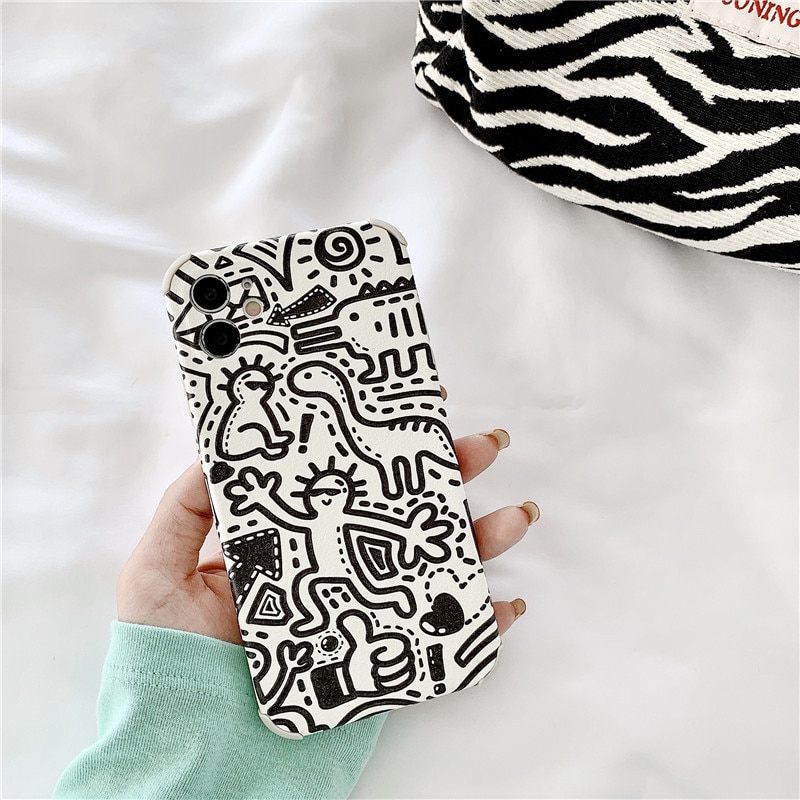 Retro dinosaurus wanddecoratie doodle japanse telefoonhoesje voor apple iphone 12, 11 pro max xr, xs max 7, 8 plus, 7 plus hoesje schattige zachte hoes
