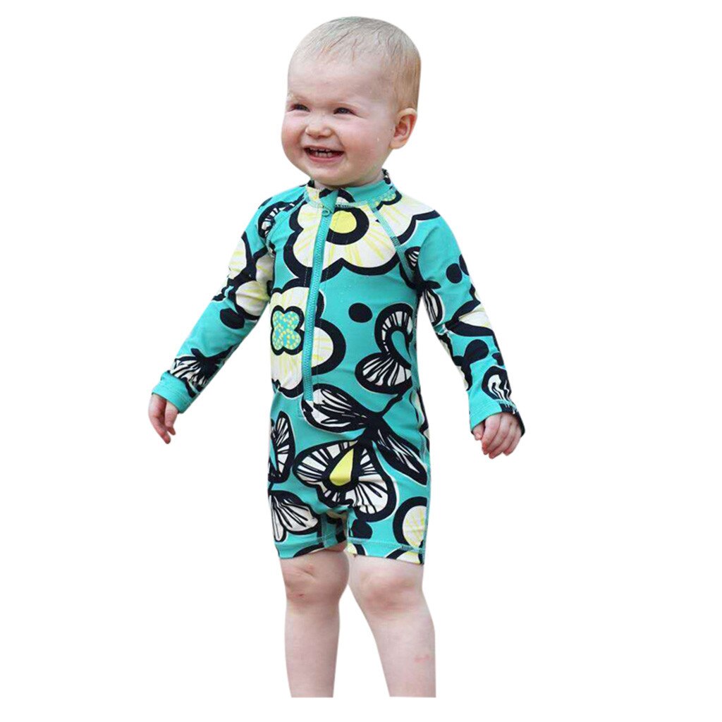 One-Piece Swimsuit for Girls Floral Print Zipper Front Long Sleeve Bikini Beachwear Cute Bathing Children's Swimsuit: XL