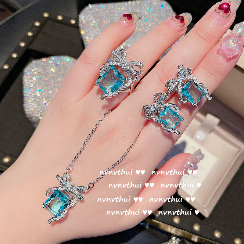 brillant Meer Blau CZ Stein Schmuck einstellen Damen Silber Farbe Bowknot Hochzeit Engagement Braut Partei Schmuck: 1 einstellen